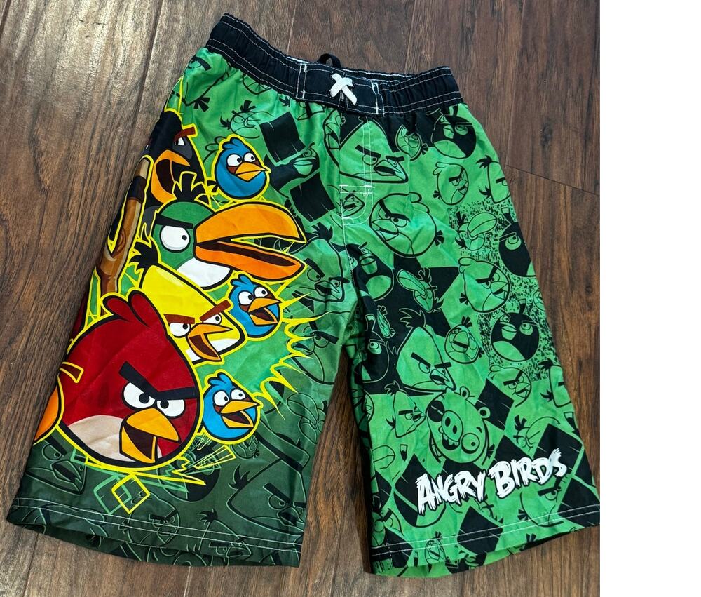 Boys Angry Birds Swim Trunks Board Shorts Mesh Lined Sz 6/7 Green Black Youth
